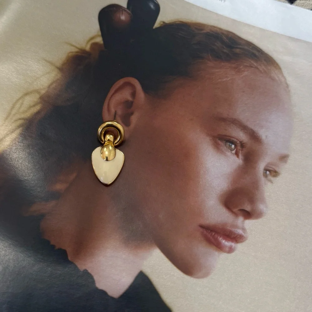 Vintage Givenchy Heart Drop Earrings Gold Tone Cream Enamel Signed